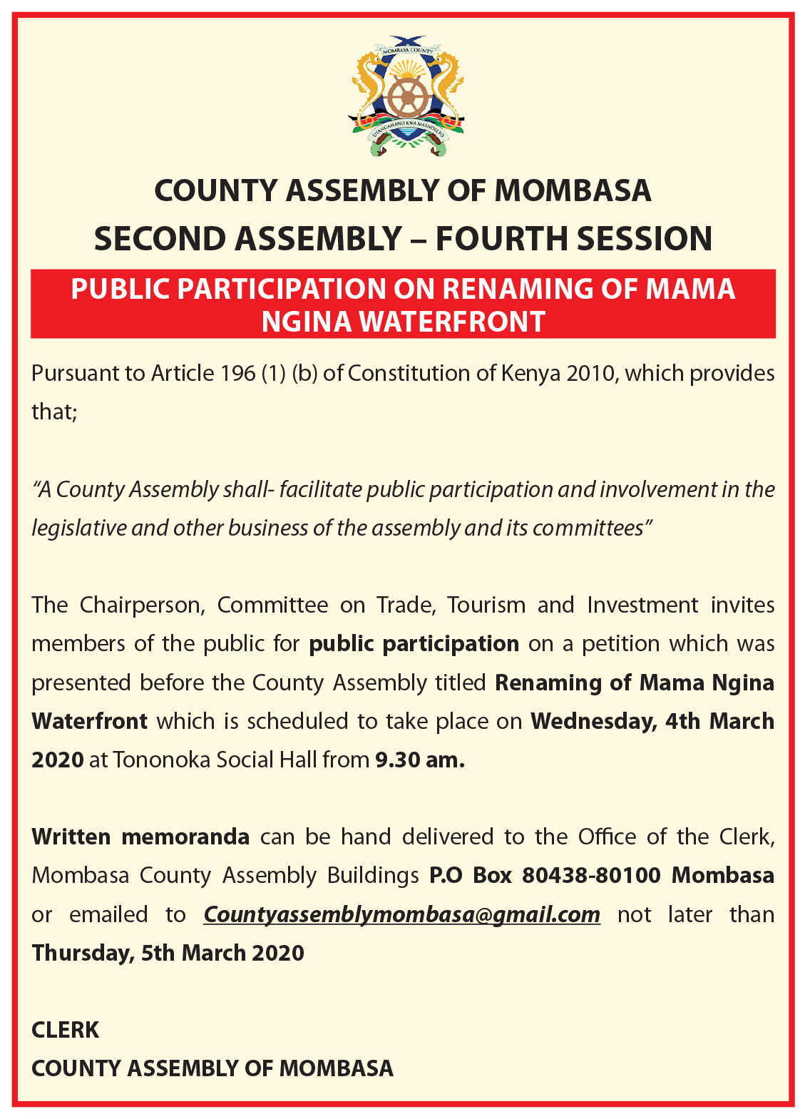 Mombasa County Assembly hearing on renaming Mombasa’s waterfront park